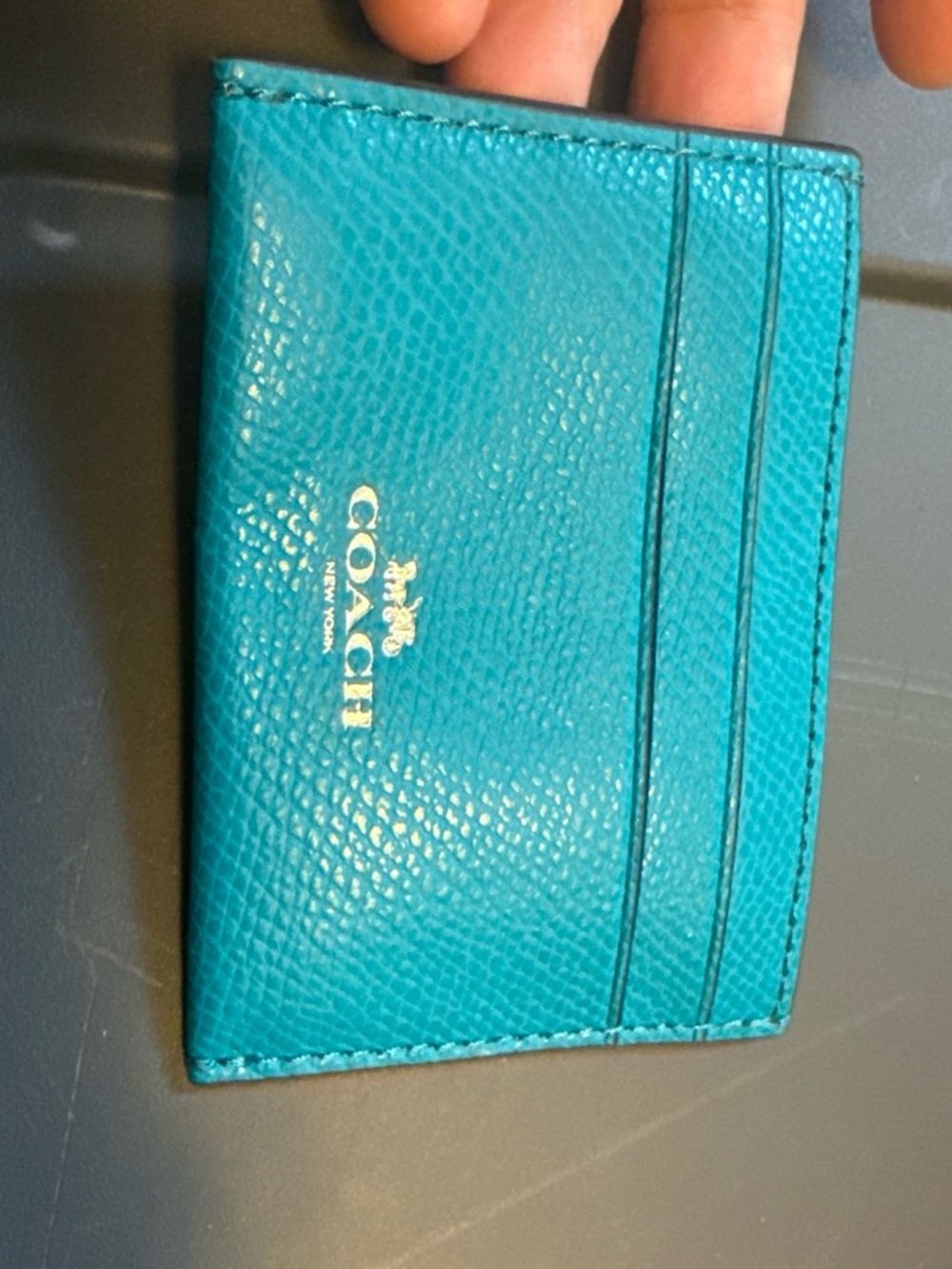 Coach Teal Pebbled Leather Card Holder with Gold Logo